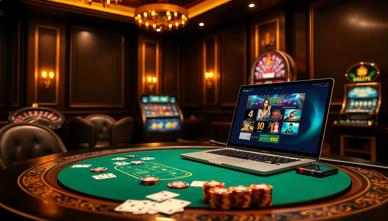 Engage in high-stakes gambling at https://789fcom.asia/ with a stunning casino setup featuring poker tables and slot machines.
