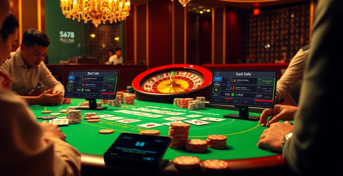 S8 poker table scene with colorful chips and players, capturing excitement in a casino.
