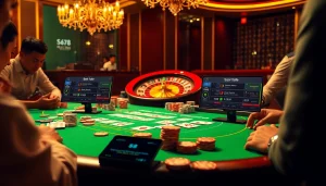S8 poker table scene with colorful chips and players, capturing excitement in a casino.