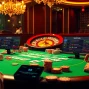 S8 poker table scene with colorful chips and players, capturing excitement in a casino.