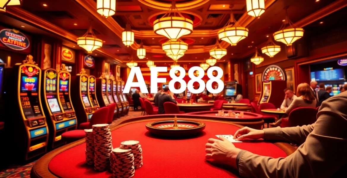 Experience a thrilling moment at AF88 with players engaging at poker tables and vibrant slot machines.