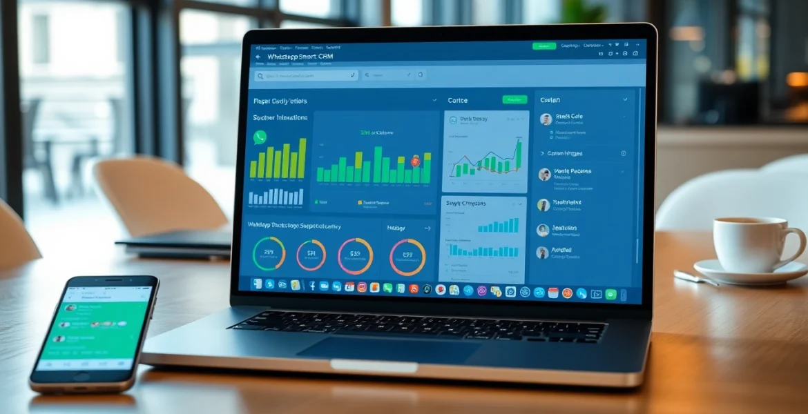 Showcase WhatsApp Smart CRM features on a laptop in a vibrant office setup.