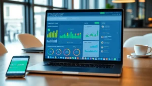 Showcase WhatsApp Smart CRM features on a laptop in a vibrant office setup.
