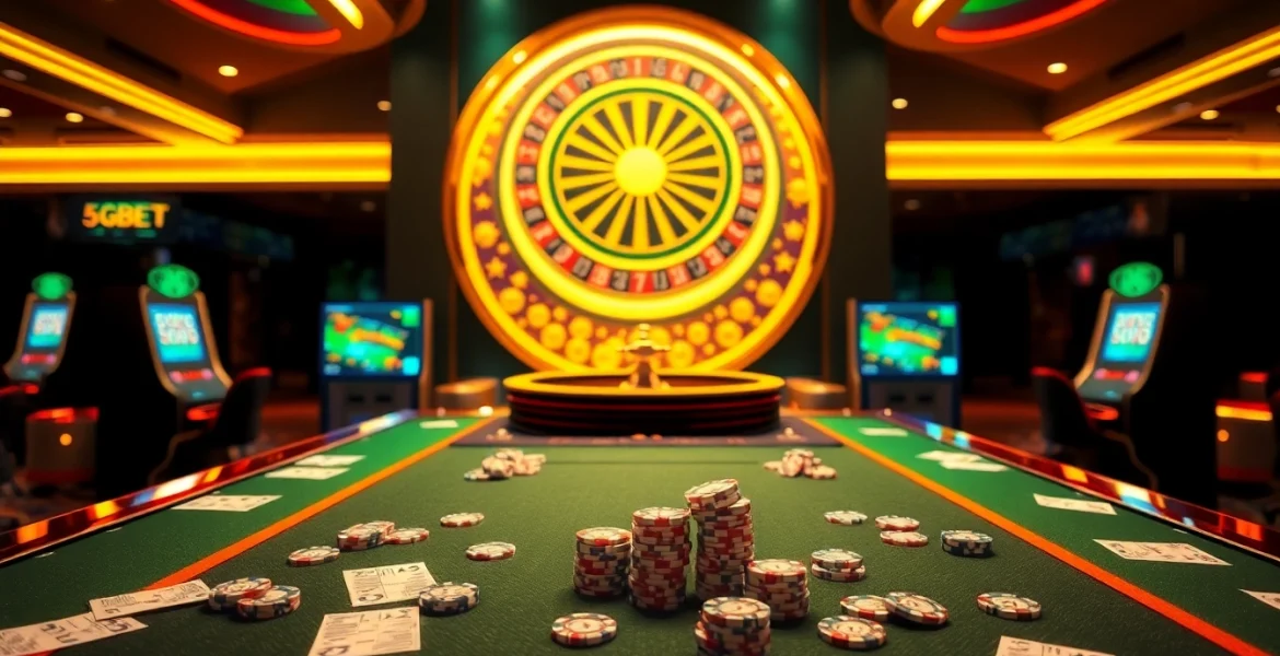 Experience the excitement of online gambling with 5GBET’s elegant casino setup featuring vibrant slot machines and roulette.