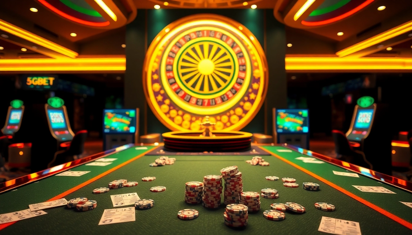 Experience the excitement of online gambling with 5GBET’s elegant casino setup featuring vibrant slot machines and roulette.