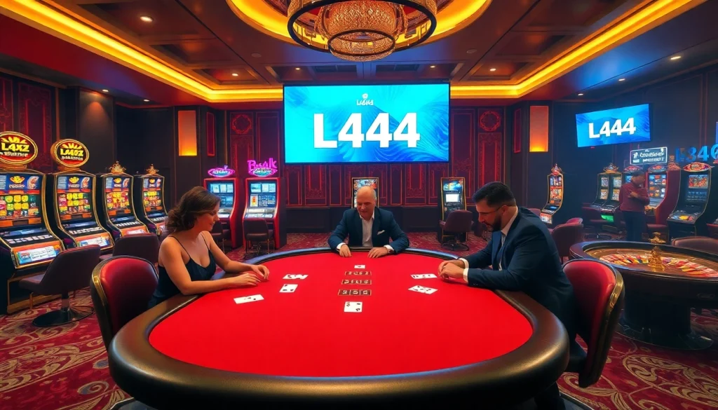 Exciting L444 casino experience with poker action and vibrant slot machines.