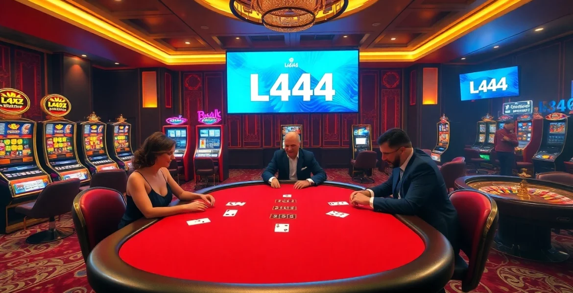 Exciting L444 casino experience with poker action and vibrant slot machines.