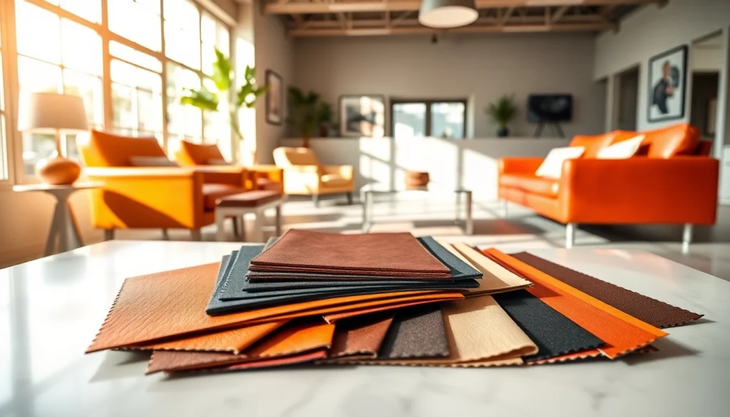 Skai leer swatches elegantly showcased in a modern showroom setting