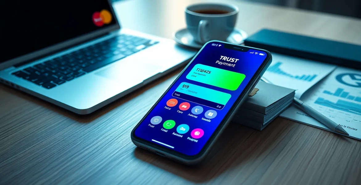 전문 업무 공간에서 소액결제 인터페이스를 보여주는 스마트폰