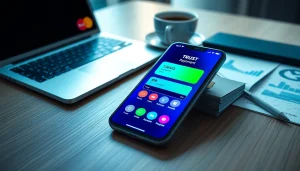 전문 업무 공간에서 소액결제 인터페이스를 보여주는 스마트폰