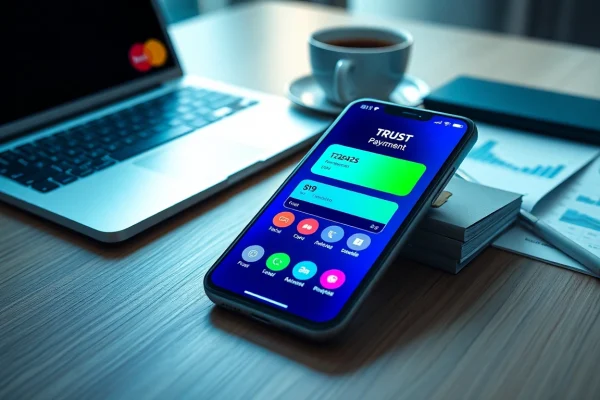 전문 업무 공간에서 소액결제 인터페이스를 보여주는 스마트폰