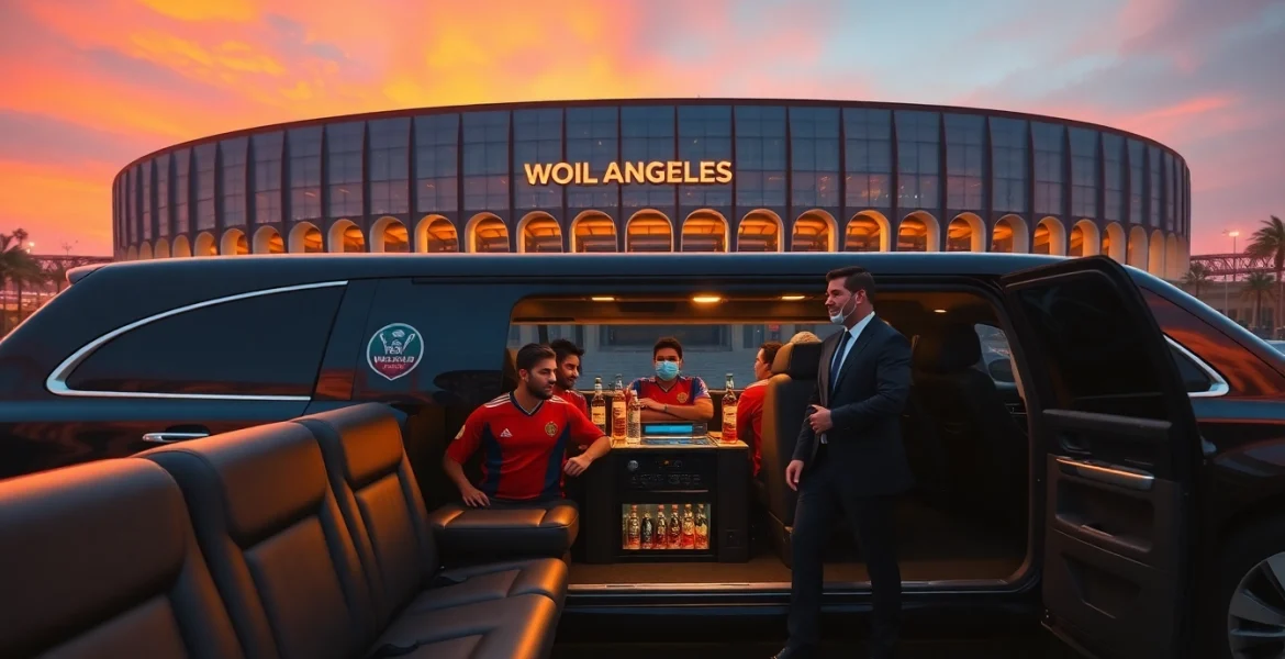 World Cup Group Transportation in luxury limousines outside LA stadium with excited fans.