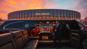 World Cup Group Transportation in luxury limousines outside LA stadium with excited fans.