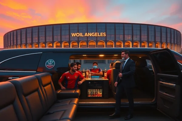 World Cup Group Transportation in luxury limousines outside LA stadium with excited fans.