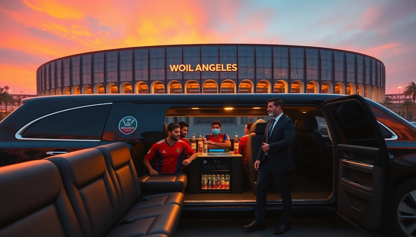 World Cup Group Transportation in luxury limousines outside LA stadium with excited fans.