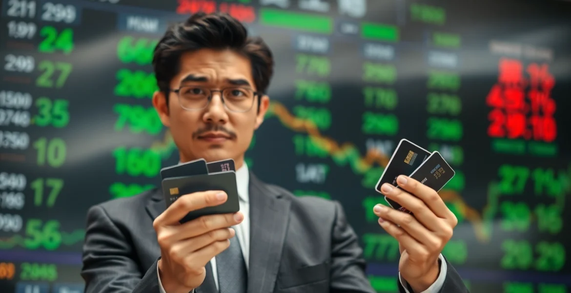 카드깡을 나타내는 금융 설정에서 신중한 비즈니스맨의 모습