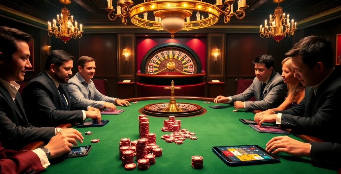 Engaged players at https://www.ph22211.com/ poker table, showcasing vibrant casino ambiance and high stakes excitement.