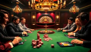 Engaged players at https://www.ph22211.com/ poker table, showcasing vibrant casino ambiance and high stakes excitement.