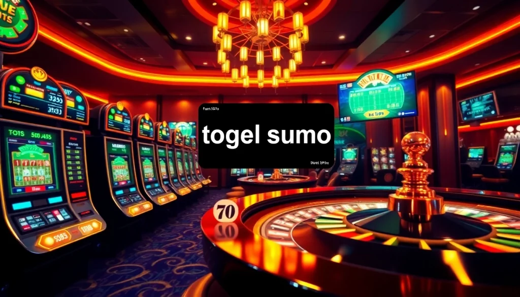 Antarmuka permainan Togel Sumo dengan mesin slot berwarna cerah dan chip poker di lingkungan kasino yang mewah.