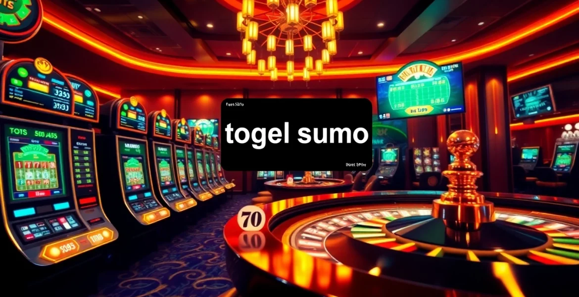 Antarmuka permainan Togel Sumo dengan mesin slot berwarna cerah dan chip poker di lingkungan kasino yang mewah.