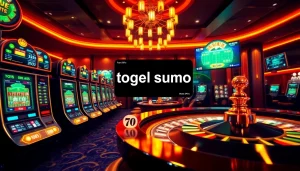 Antarmuka permainan Togel Sumo dengan mesin slot berwarna cerah dan chip poker di lingkungan kasino yang mewah.