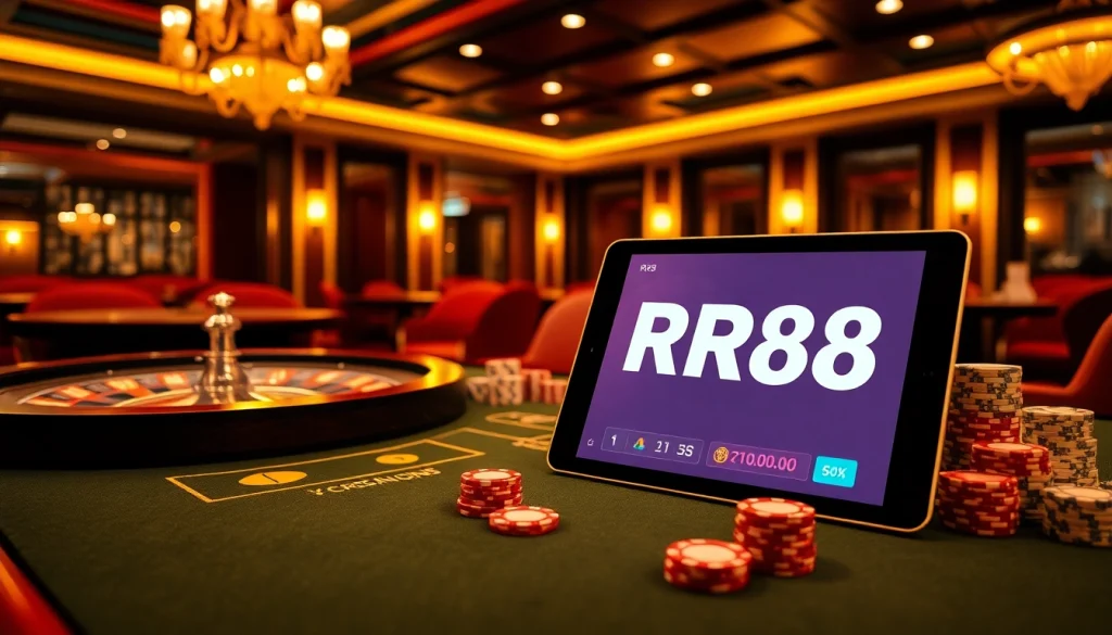 Engage with thrilling casino game action at RR88 featuring luxurious tables and vibrant poker chips.