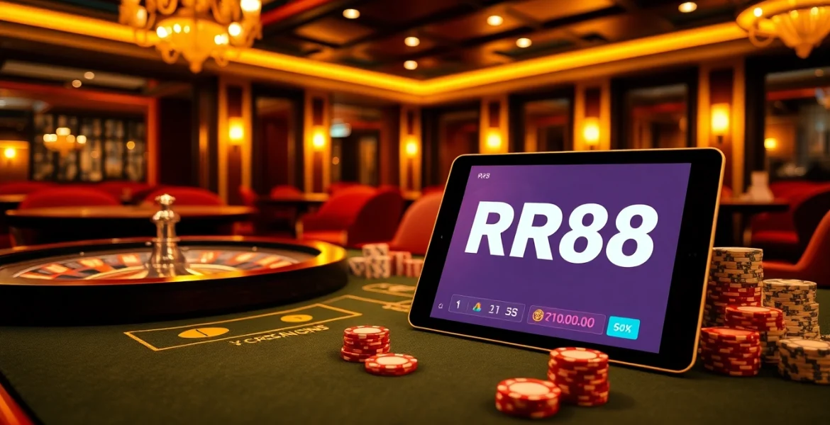 Engage with thrilling casino game action at RR88 featuring luxurious tables and vibrant poker chips.