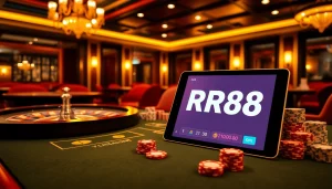 Engage with thrilling casino game action at RR88 featuring luxurious tables and vibrant poker chips.