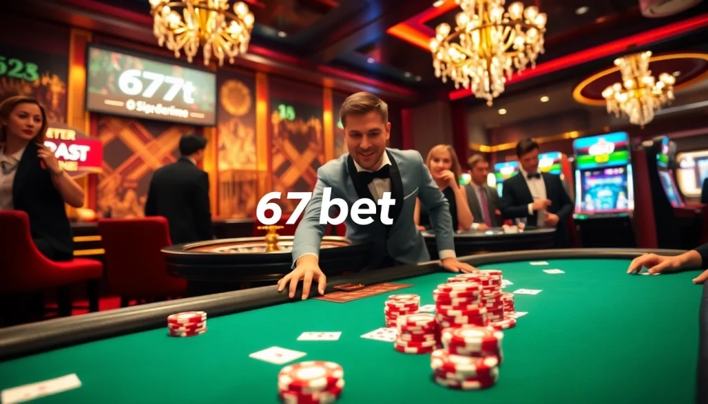 Experience high-stakes poker at 67bet's luxurious casino table with vibrant chips and cards.
