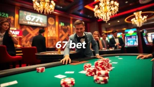 Experience high-stakes poker at 67bet's luxurious casino table with vibrant chips and cards.