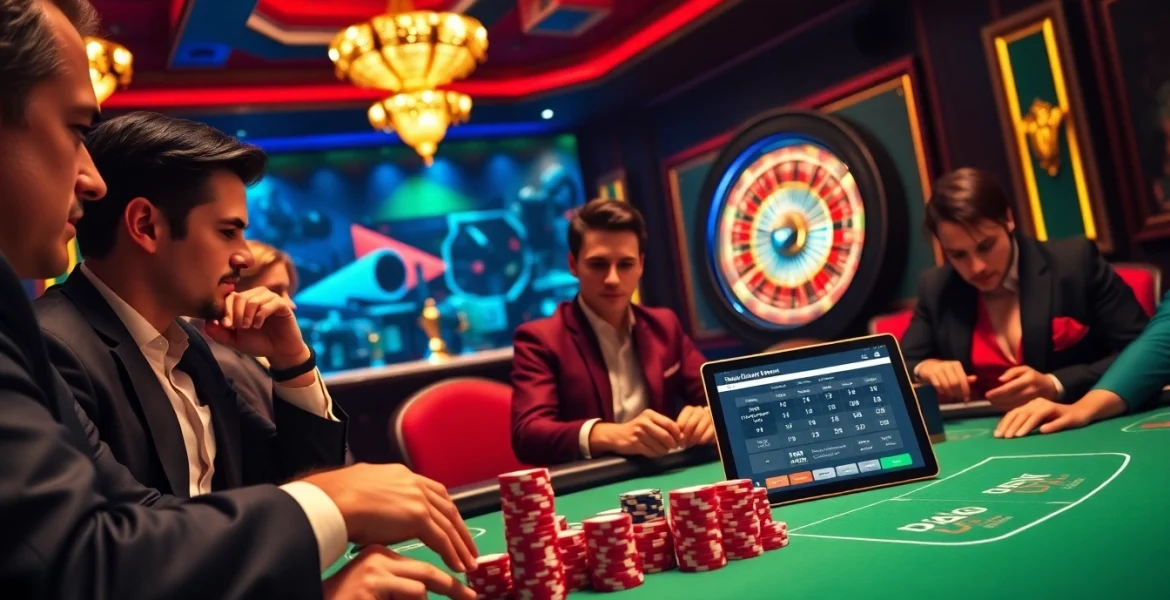 Experience the excitement of DAGA betting with vibrant casino elements like poker chips and roulette wheels.