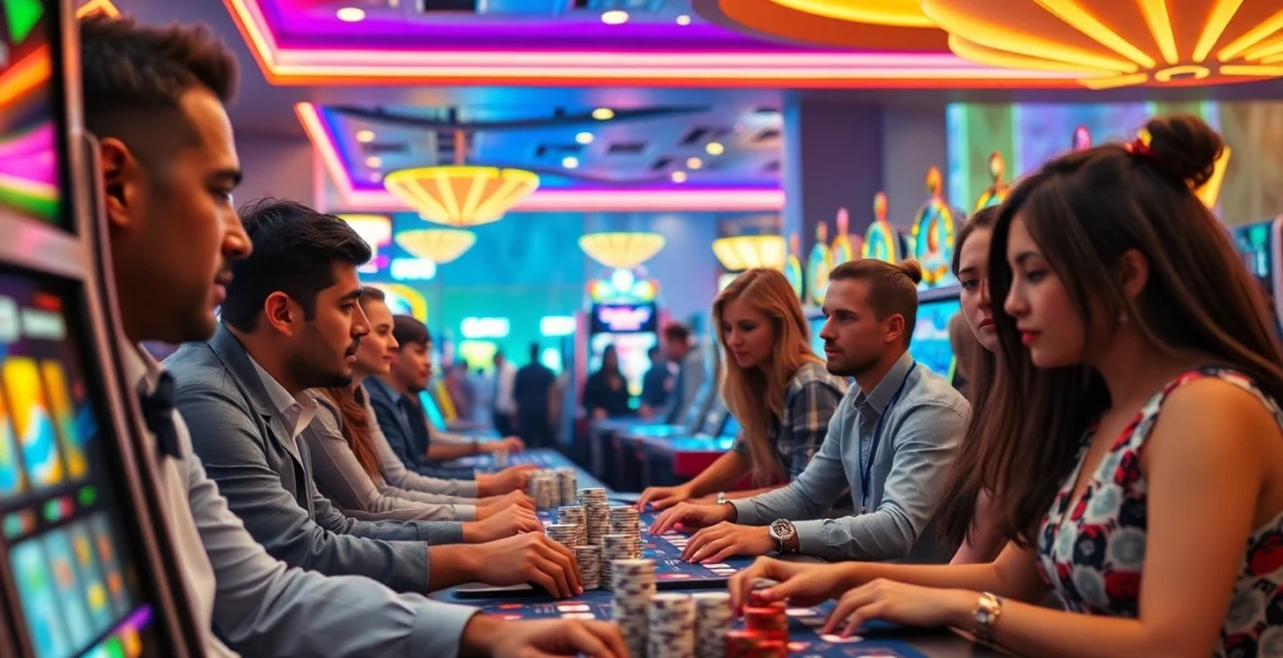 Experience the thrill of online casinos Canada with players enjoying top games on a vibrant casino floor.