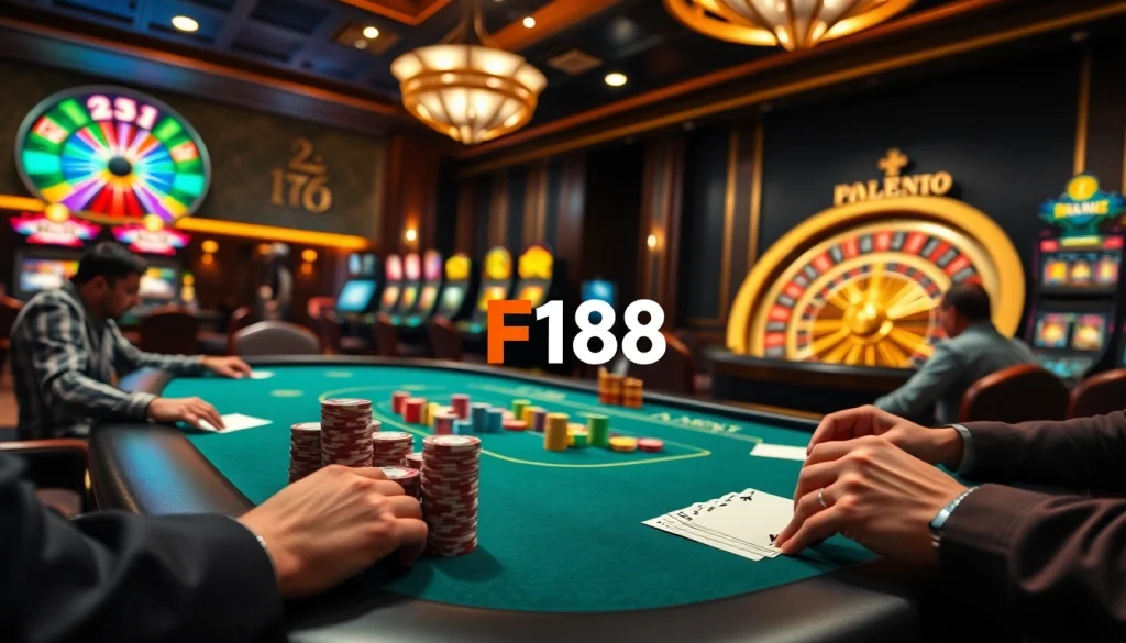 Engaging gamblers at F168's upscale poker table with colorful chips and vibrant roulette wheel.