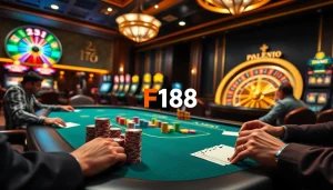 Engaging gamblers at F168's upscale poker table with colorful chips and vibrant roulette wheel.