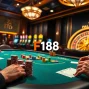 Engaging gamblers at F168's upscale poker table with colorful chips and vibrant roulette wheel.