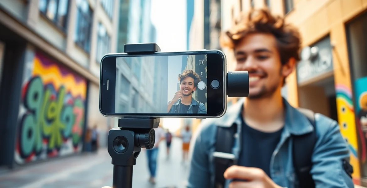 Smartphone gimbal stabilizing video capture in a lively urban scene.