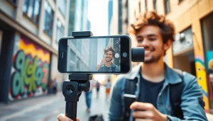 Smartphone gimbal stabilizing video capture in a lively urban scene.