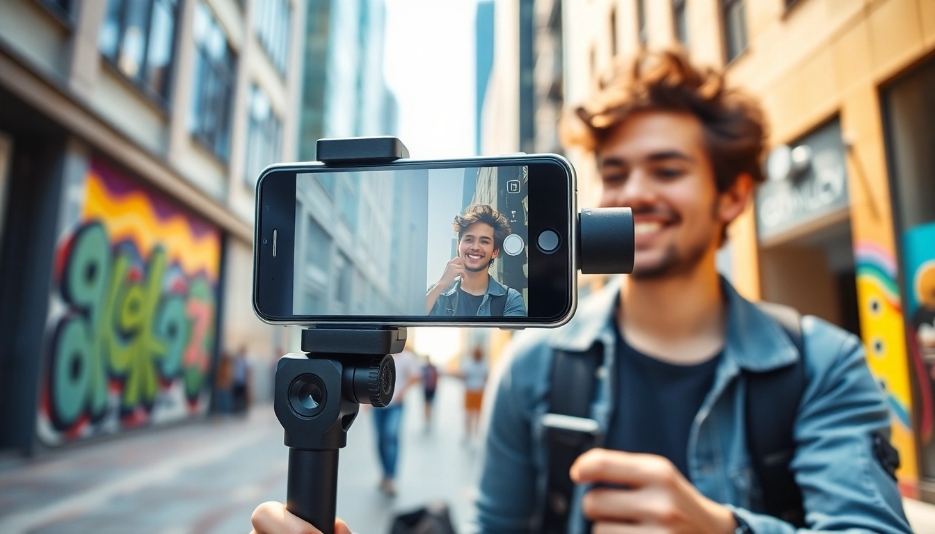 Smartphone gimbal stabilizing video capture in a lively urban scene.
