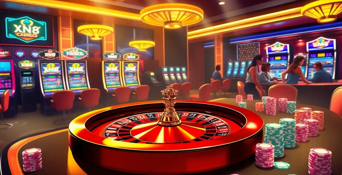Players enjoying a lively gaming experience at XN88's luxurious casino atmosphere with roulette and poker tables.