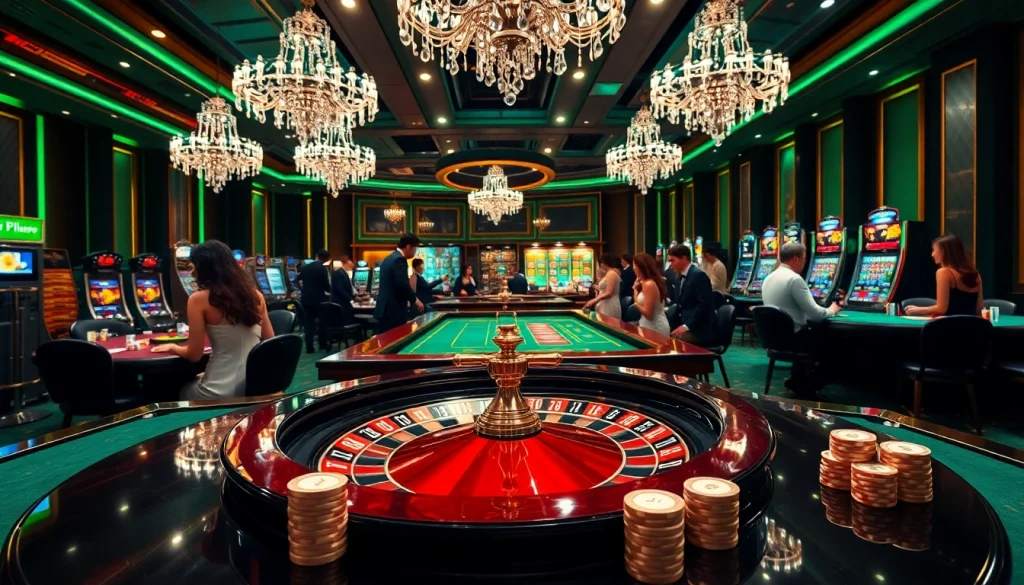 Nohu casino players smiling as they play poker and roulette in a luxurious setting.