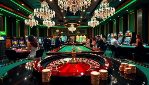 Nohu casino players smiling as they play poker and roulette in a luxurious setting.
