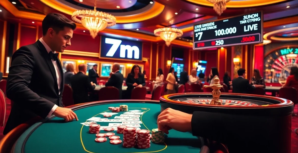 Experience high-stakes poker action with captivating 7m betting odds in a luxurious casino scene.