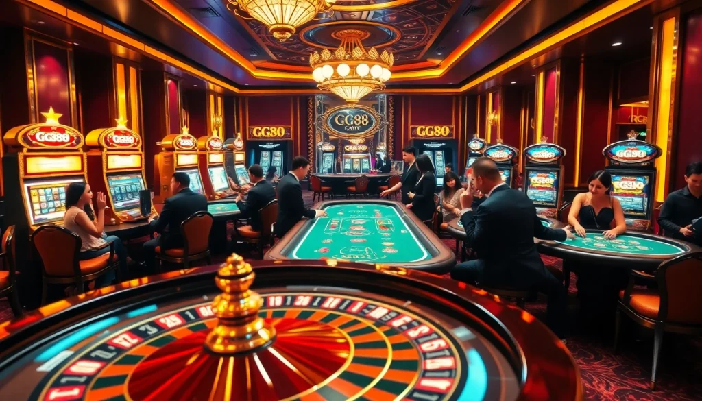 Experience the excitement at GG88's luxurious casino, highlighting vibrant gaming action.