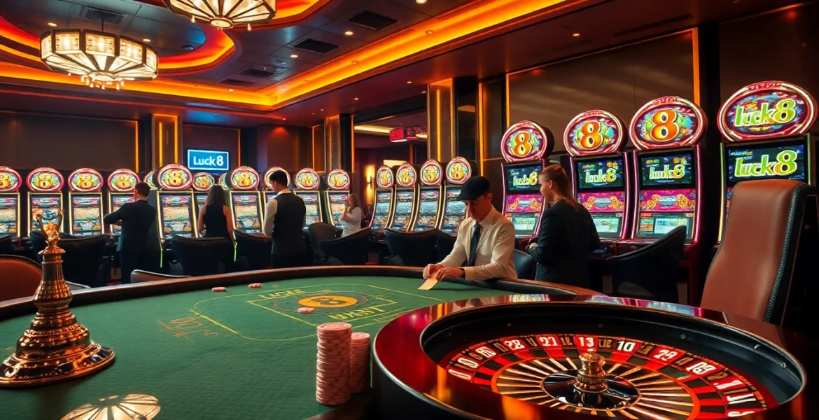 Lively casino scene featuring luck8 branded slot machines and a luxurious poker table.