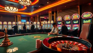 Lively casino scene featuring luck8 branded slot machines and a luxurious poker table.