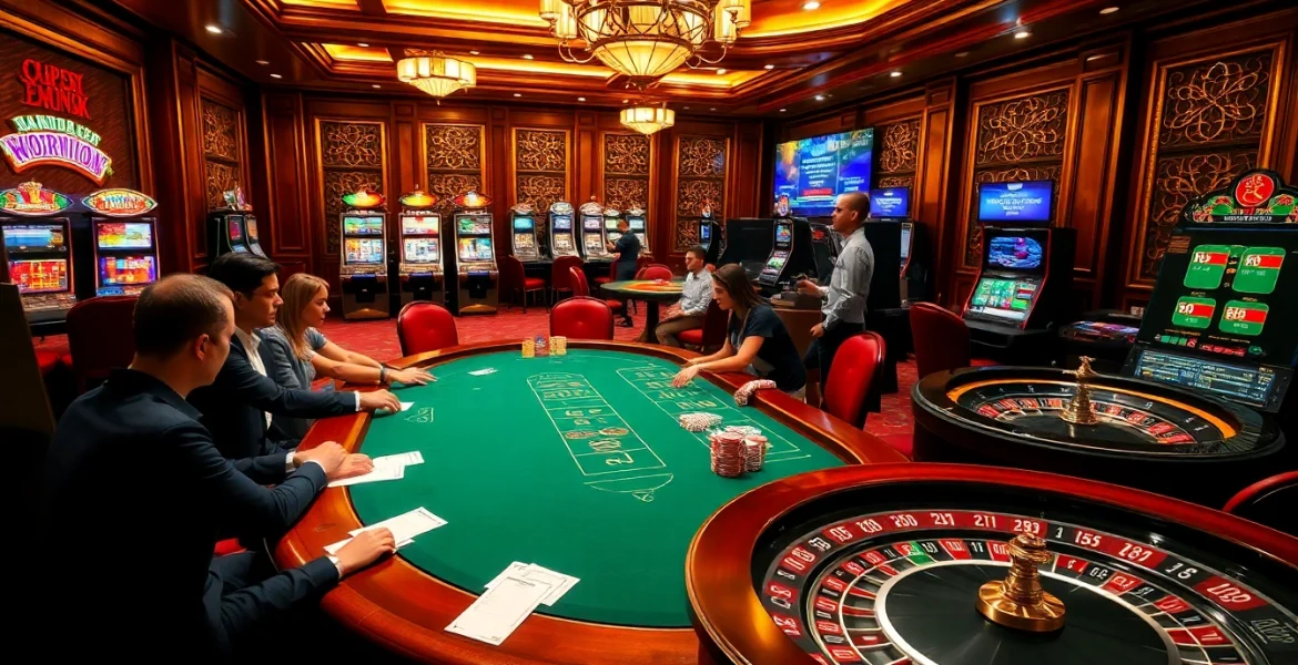 Gamble at k88win with vibrant poker tables and thrilling slot machines in a luxurious casino.