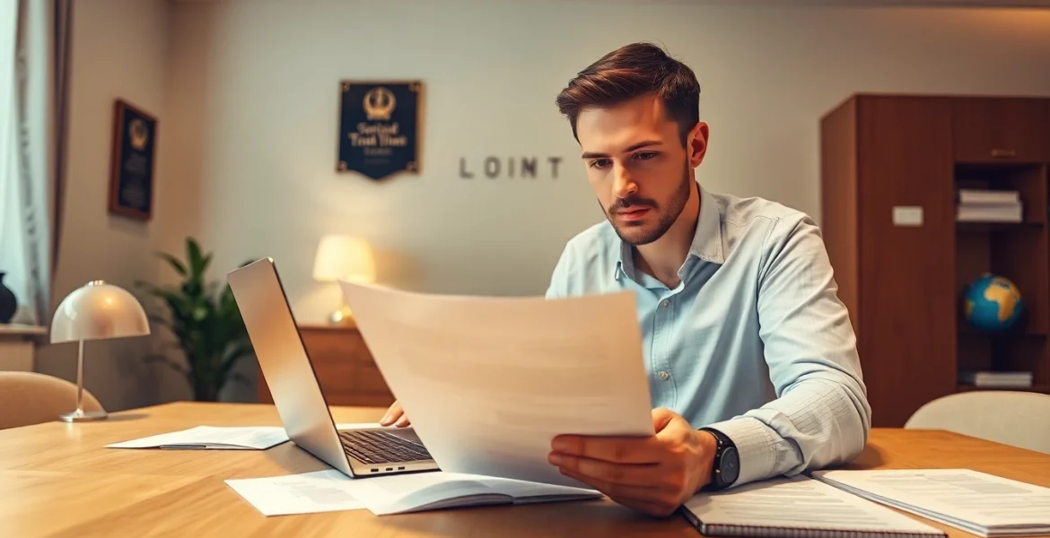 Traducteur assermenté à Lille examinant des documents officiels dans un bureau moderne.
