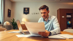 Traducteur assermenté à Lille examinant des documents officiels dans un bureau moderne.