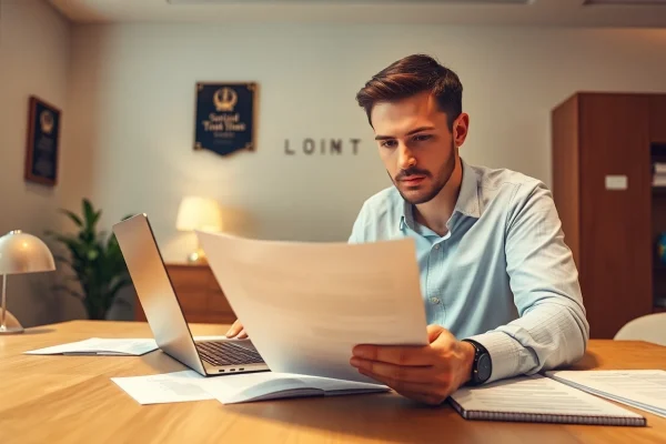 Traducteur assermenté à Lille examinant des documents officiels dans un bureau moderne.