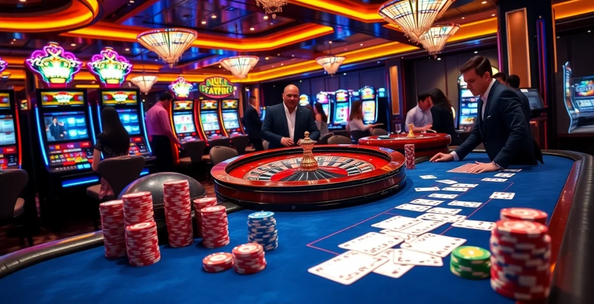 Excited players engaging at Bin88 casino's luxurious poker table with vibrant lighting.